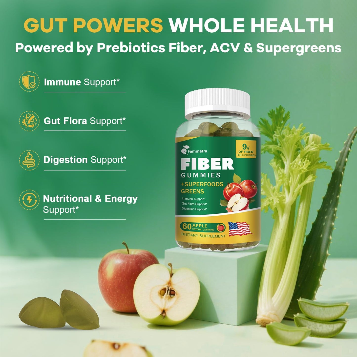 13-in-1 Prebiotic Fiber Gummies for Adults – Greens Blend, Inulin & ACV, Sugar Free Apple Flavor | 60 Vegan Gummies