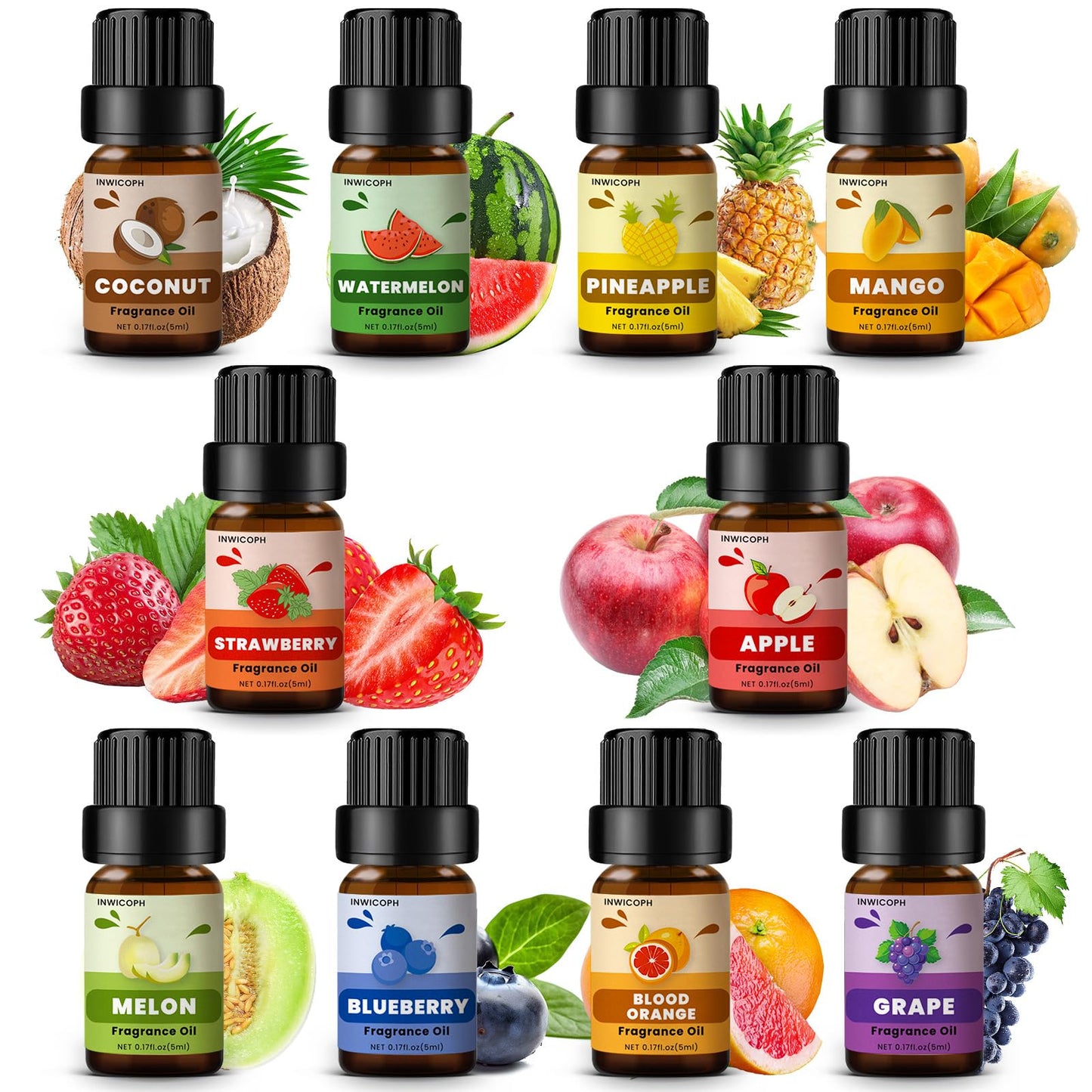 Fruity Fragrance Oil Set 5ml x10 – INWICOPH Premium Essential Oils for Candle & Soap Making (Blueberry, Strawberry, Mango, Blood Orange, Coconut, Pineapple, Melon, Apple, Watermelon, Grape)