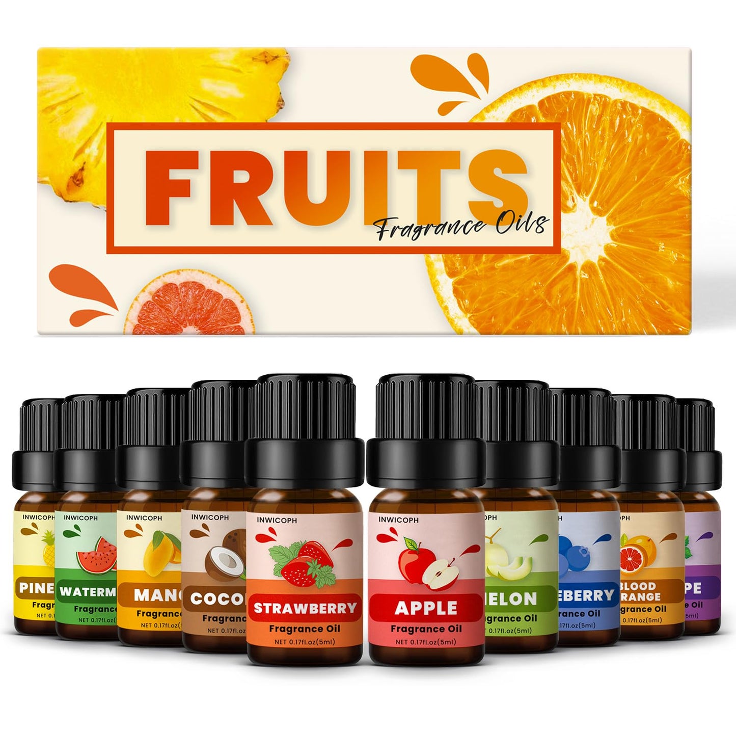 Fruity Fragrance Oil Set 5ml x10 – INWICOPH Premium Essential Oils for Candle & Soap Making (Blueberry, Strawberry, Mango, Blood Orange, Coconut, Pineapple, Melon, Apple, Watermelon, Grape)