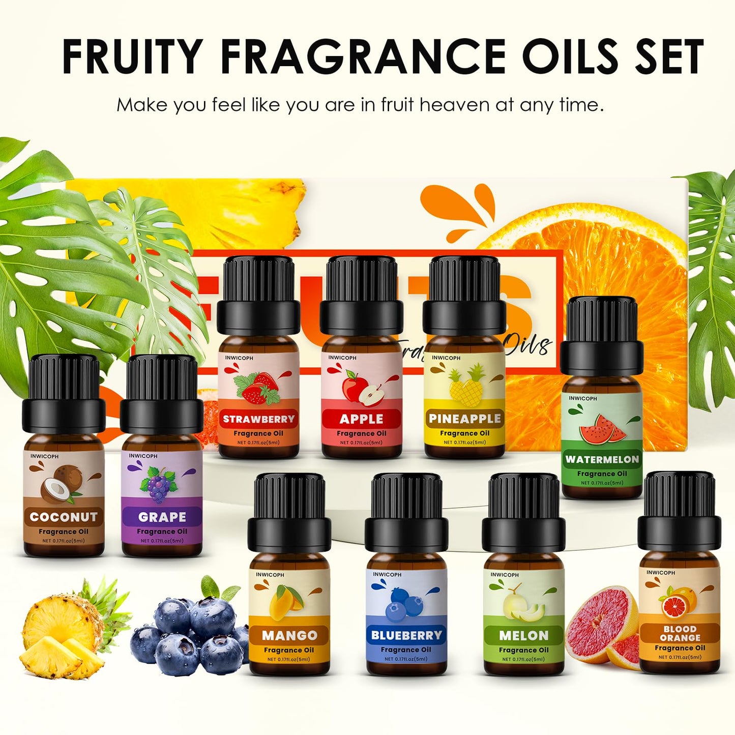Fruity Fragrance Oil Set 5ml x10 – INWICOPH Premium Essential Oils for Candle & Soap Making (Blueberry, Strawberry, Mango, Blood Orange, Coconut, Pineapple, Melon, Apple, Watermelon, Grape)