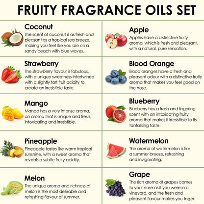 Fruity Fragrance Oil Set 5ml x10 – INWICOPH Premium Essential Oils for Candle & Soap Making (Blueberry, Strawberry, Mango, Blood Orange, Coconut, Pineapple, Melon, Apple, Watermelon, Grape)