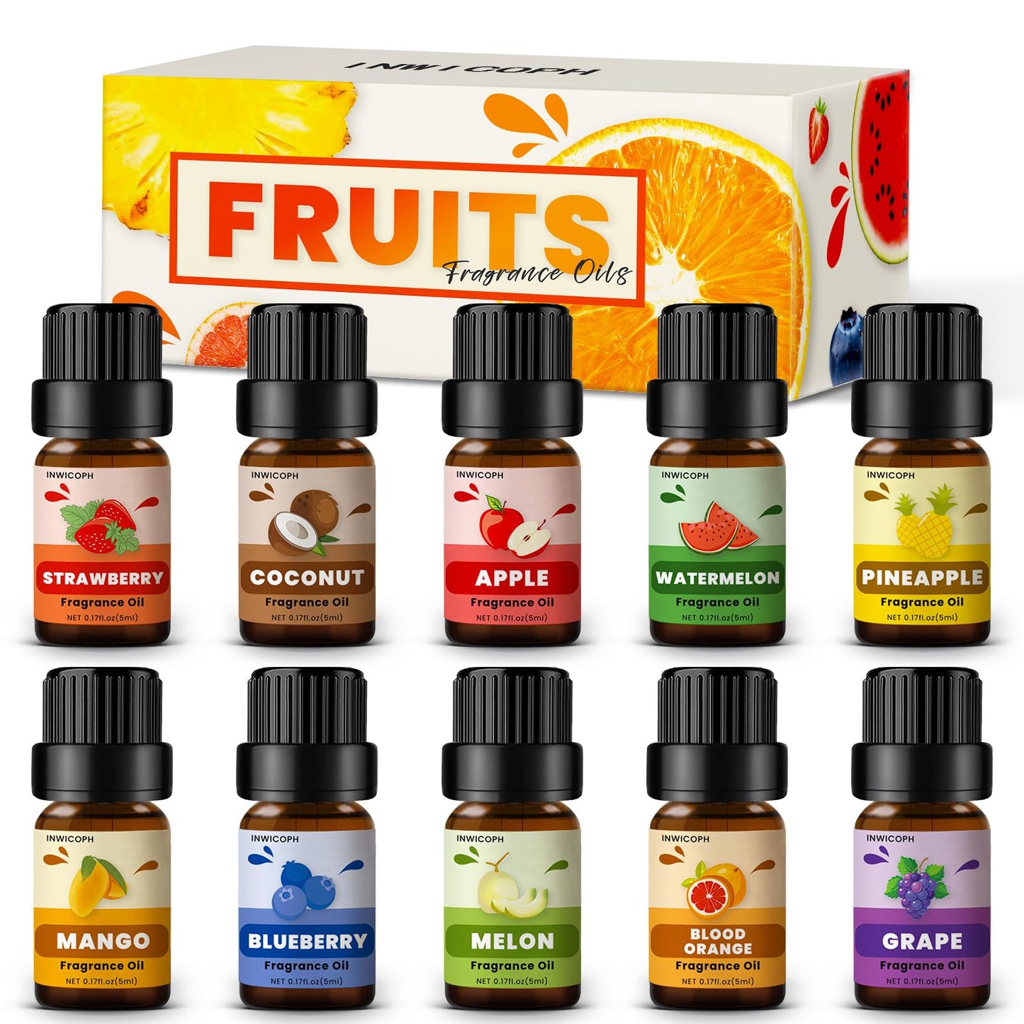 Fruity Fragrance Oil Set 5ml x10 – INWICOPH Premium Essential Oils for Candle & Soap Making (Blueberry, Strawberry, Mango, Blood Orange, Coconut, Pineapple, Melon, Apple, Watermelon, Grape)