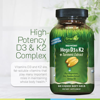 Irwin Naturals High Potency Mega D3 & K2 + Turmeric Extract — 60 Liquid Soft-Gels