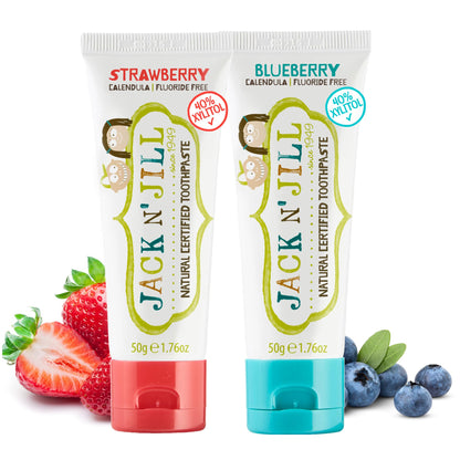 Jack N' Jill Kids Toothpaste – Fluoride Free, 40% Xylitol, BPA Free, 1.76 oz (2 Pack) – Strawberry & Blueberry