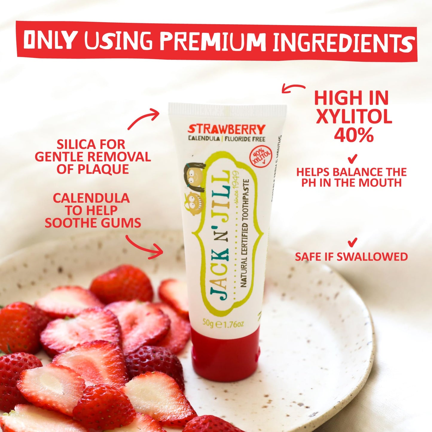 Jack N' Jill Natural Toddler Toothpaste - Fluoride Free Training Toothpaste for Toddlers 1-3, 40% Xylitol, BPA Free - Strawberry & Raspberry, 1.76 oz (2 Pack)