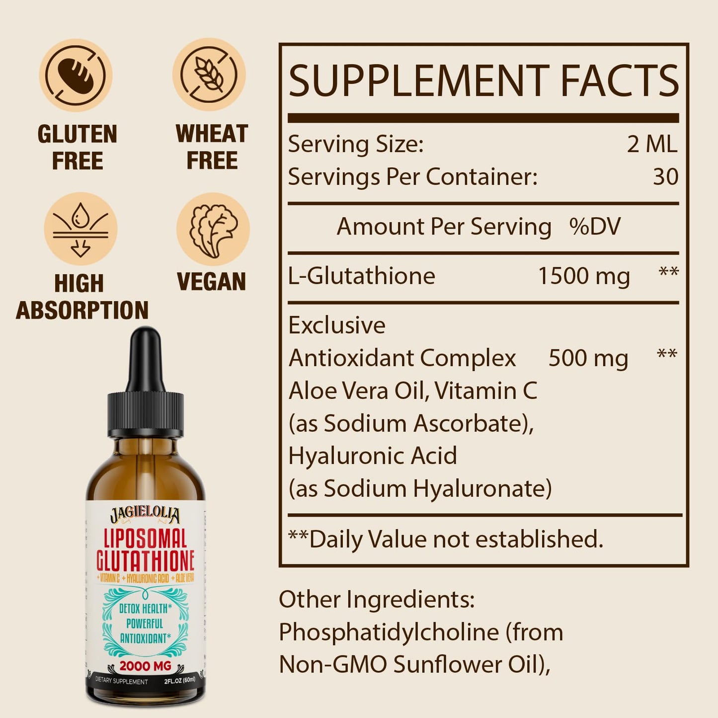 Jagielolia Liposomal Glutathione Liquid 2000MG – Antioxidant Detox, Liver Support, and Energy (Vegan, 20 fl oz)