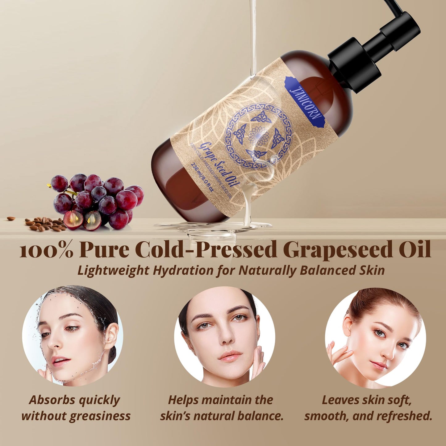JANICORN 100% Pure Grape Seed Oil – Cold-Pressed, Unscented (8 oz)