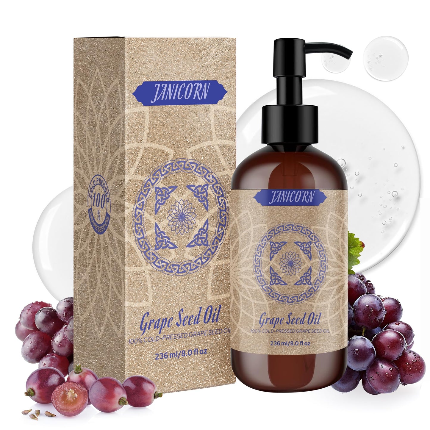 JANICORN 100% Pure Grape Seed Oil – Cold-Pressed, Unscented (8 oz)