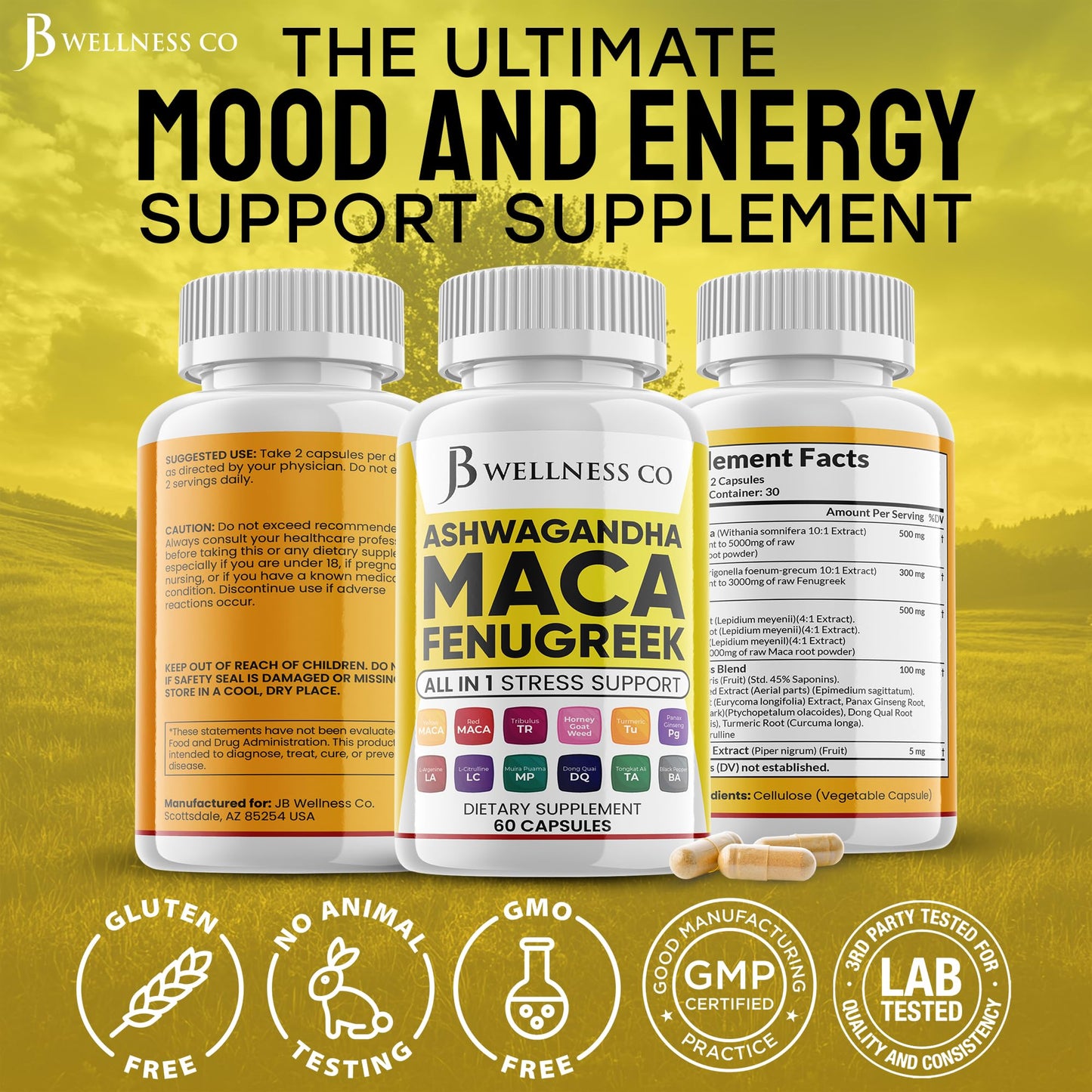 JB Wellness Co. Ashwagandha Maca Fenugreek with Tongkat Ali & Ginseng – Mood & Thyroid Support (60 Count)