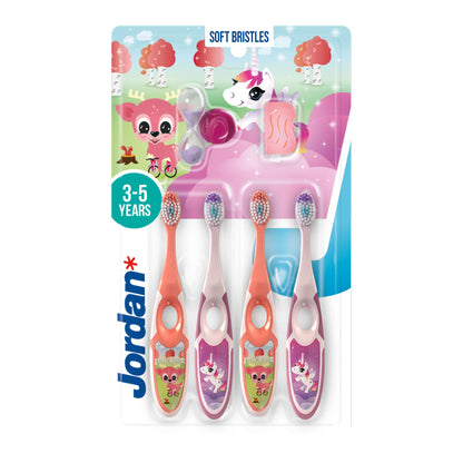 Jordan Step 2 Kids Toothbrush 3-5 Years - Soft Bristles - BPA Free - 4 Pack Pink & Yellow