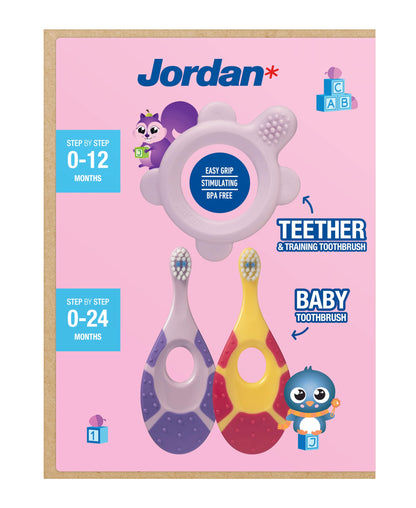 Jordan* ® Step 0 Teether & Training Toothbrush – BPA-Free 2-in-1 Baby Teether & Toothbrush (Pink)