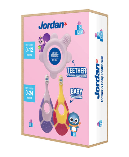 Jordan* ® Step 0 Teether & Training Toothbrush – BPA-Free 2-in-1 Baby Teether & Toothbrush (Pink)