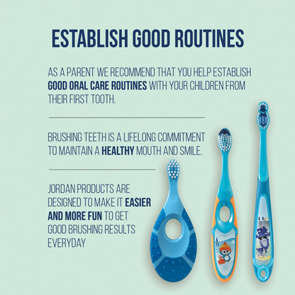 Jordan* Step 1 Baby Toothbrush – 0-2 Years | Soft Bristles | BPA Free | Green and Blue | 4 Pack