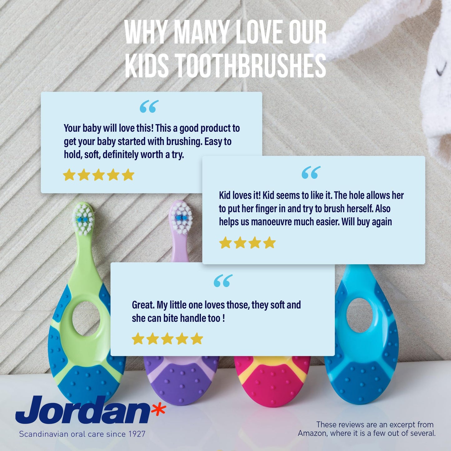 Jordan* ® Step 1 Baby Toothbrush 0-2 Years - Soft Bristles - BPA Free - Pink & Purple - 4 Pack