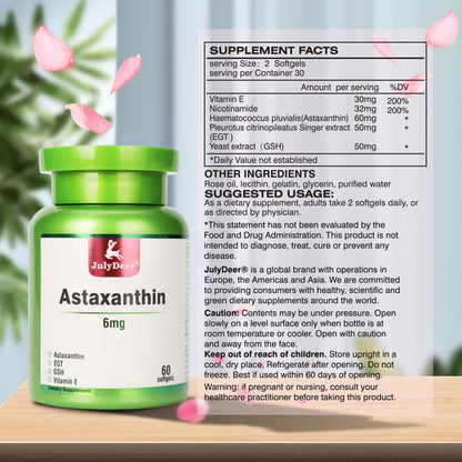 JulyDeer 2 Bottles Astaxanthin 6 mg with Nicotinamide Vitamin E Premium Antioxidant Supplement EGT GSH - for Skin, Eye, Joint & Immune System Health Cell Health & Energy丨5 in 1-120 Softgels