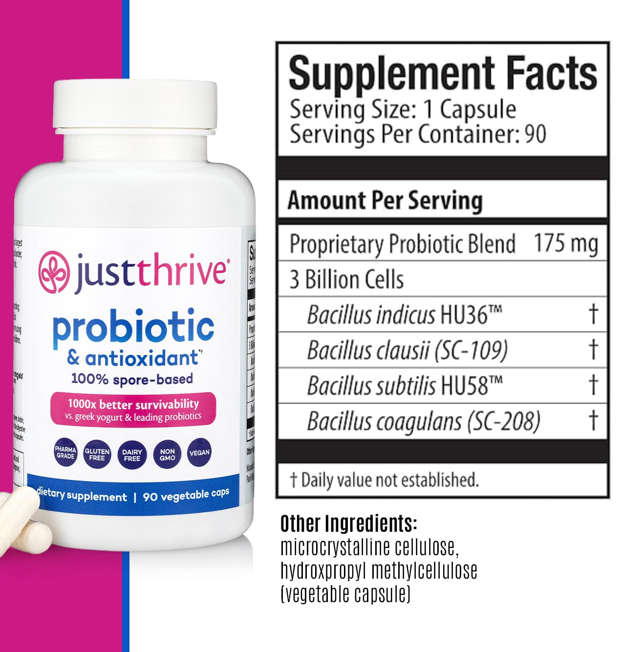 Just Thrive Probiotic & Antioxidant Supplement – 100% Spore-Based Digestive & Immune Support – Gluten Free, 90 Caps