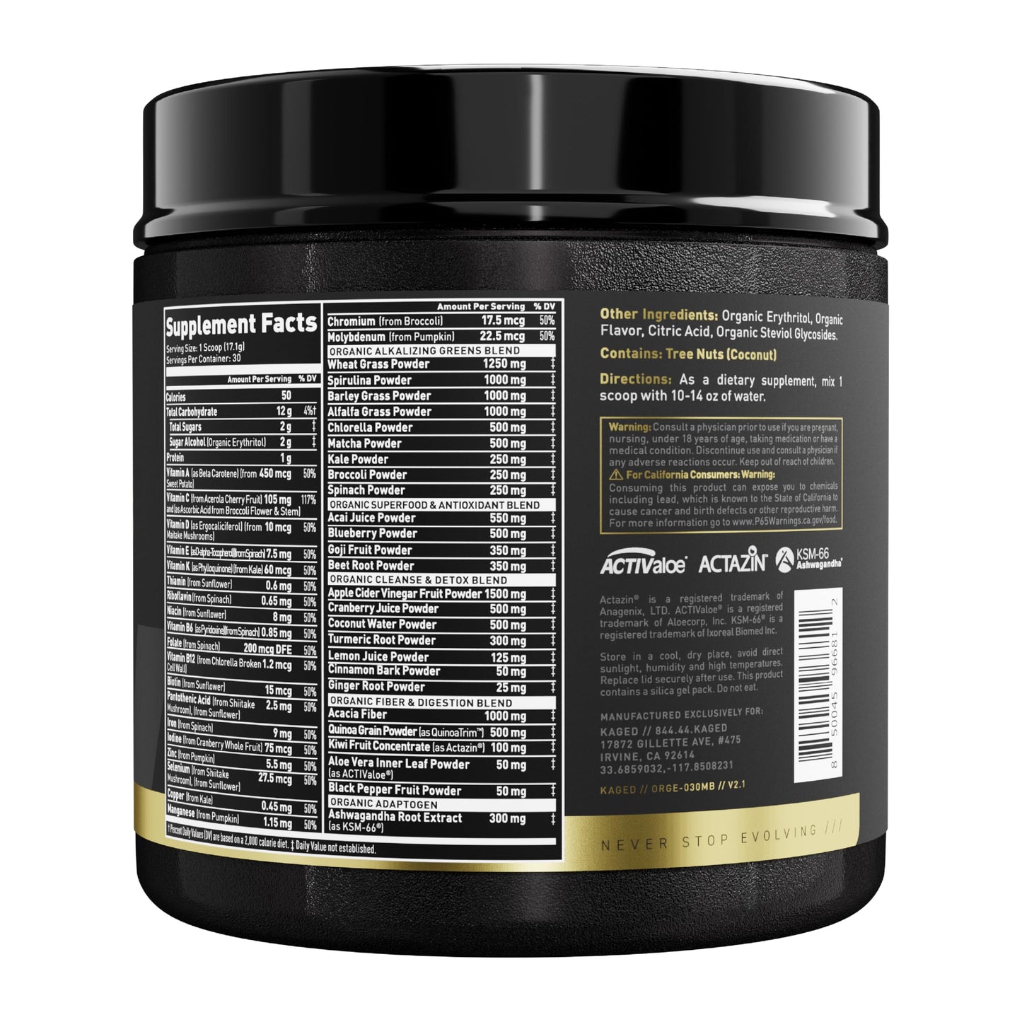 Kaged Organic Greens Elite Berry — Superfood Greens Powder with Apple Cider Vinegar, Adaptogens & Prebiotics | 30 Servings