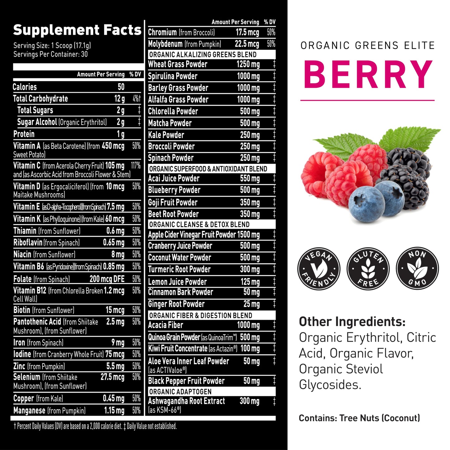 Kaged Organic Greens Elite Berry — Superfood Greens Powder with Apple Cider Vinegar, Adaptogens & Prebiotics | 30 Servings