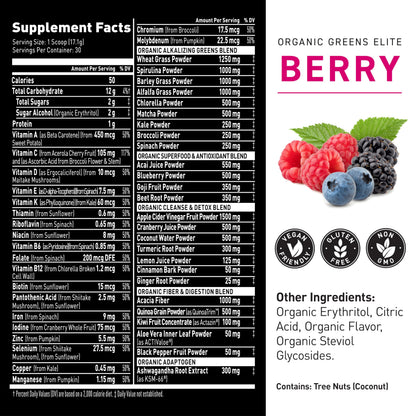 Kaged Organic Greens Elite Berry — Superfood Greens Powder with Apple Cider Vinegar, Adaptogens & Prebiotics | 30 Servings