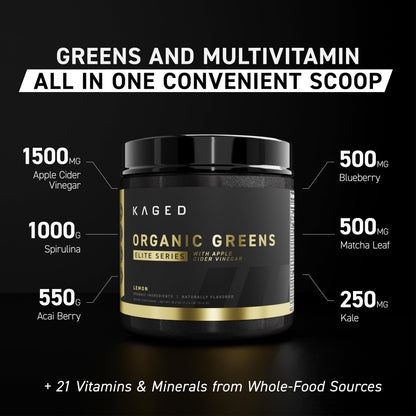 Kaged Organic Greens Elite Berry — Superfood Greens Powder with Apple Cider Vinegar, Adaptogens & Prebiotics | 30 Servings