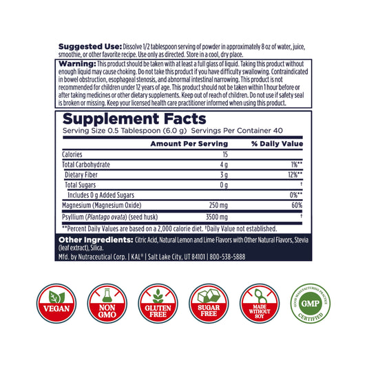KAL Cleanout Magnesium Plus Psyllium Husk Powder – Lemon Lime | 40 Servings, 8.5 oz