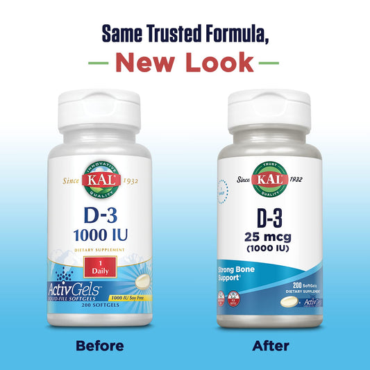KAL Vitamin D3 1000 IU Softgels – ActivGel, Immune Support, Bone Health (200 Servings)