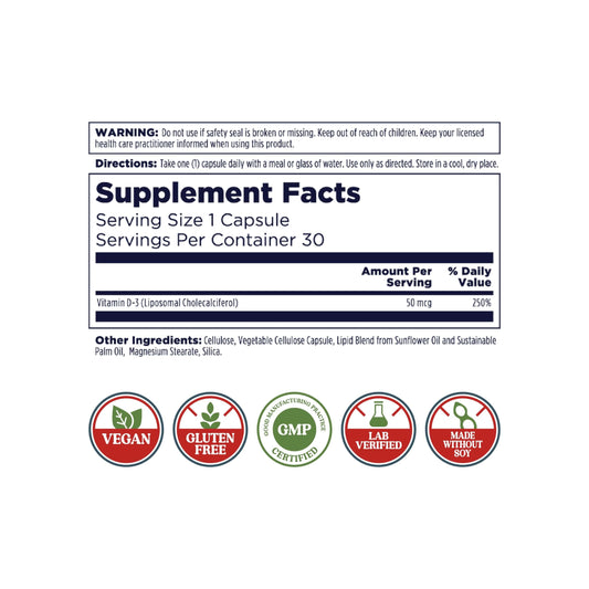 KAL Liposomal Vitamin D3 50 mcg | High Absorption Vitamin D3 | Vegan Capsules | Gluten Free | 30 Servings
