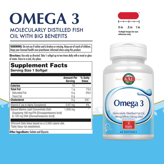 KAL 180/120 1000 mg Omega-3 Fish Oil — 60 Softgels (EPA 180 mg, DHA 120 mg)
