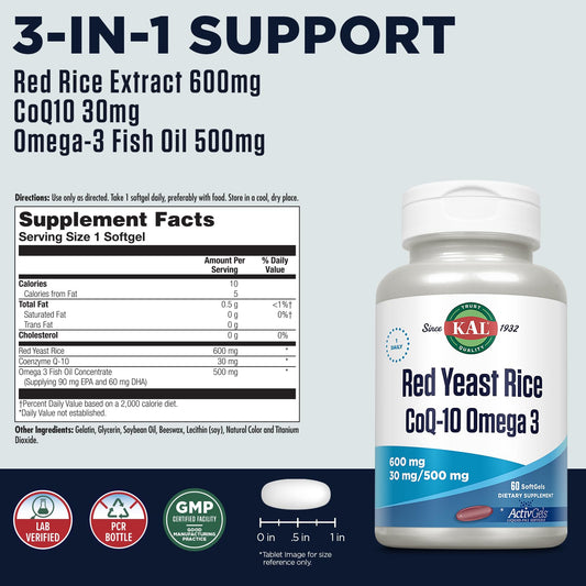 KAL Red Yeast Rice COQ10 Omega 3, 60 Count – Soft Gels