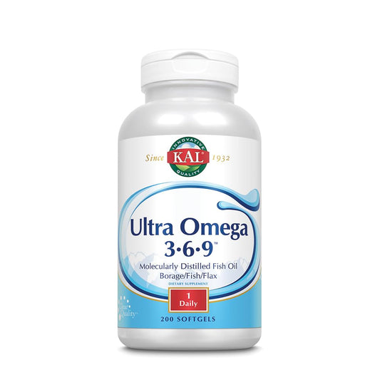 KAL Ultra Omega 3-6-9 1200mg | Fish Oil with Cold-Pressed Flaxseed & Borage Oil | 200 Softgels