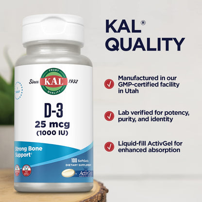 KAL Vitamin D3 1000 IU Softgels (25 mcg) – Immune Support, Calcium Absorption, ActivGel