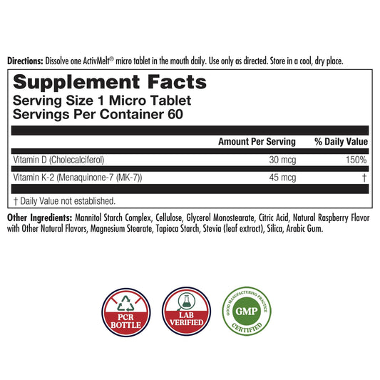 KAL Vitamin D3 K2 ActivMelts – Immune Support, Calcium Absorption, 60 Servings
