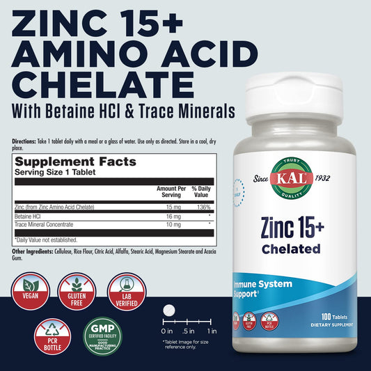 KAL Zinc 15+ with Betaine HCl & Trace Minerals | Chelated, Vegetarian, 100 Tablets