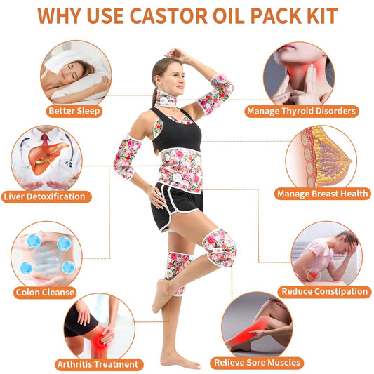 KANAV 8 Piece Castor Oil Pack Wrap Set – Organic Cotton Lined Reusable Compress Packs for Liver Detox, Insomnia & Inflammation
