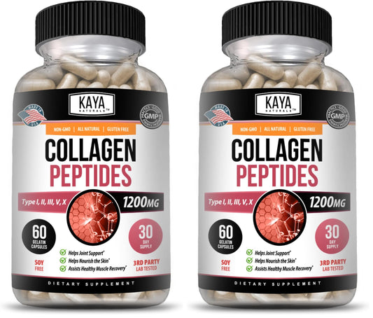Kaya Naturals Multi Collagen Peptides Complex – Types I, II, III, V & X | 60 Count Capsules (Pack of 2)