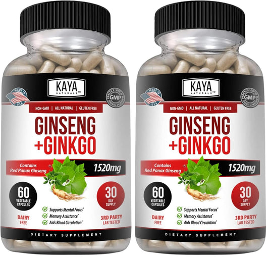 Kaya Naturals Red Panax Ginseng + Ginkgo Biloba – Nootropic Brain Support (2x60)