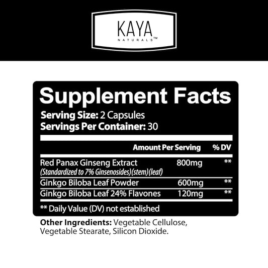 Kaya Naturals Red Panax Ginseng + Ginkgo Biloba – Nootropic Brain Support (2x60)