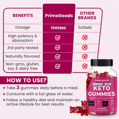 Keto ACV Gummies 1000mg – Apple Cider Vinegar with B6 & B12 for Weight Loss