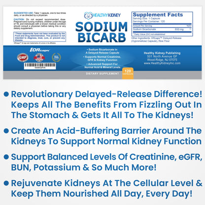 Kidney Restore Sodium Bicarbonate 650mg Delayed-Release Capsules | Kidney Support, Acid Relief, 2-Pack