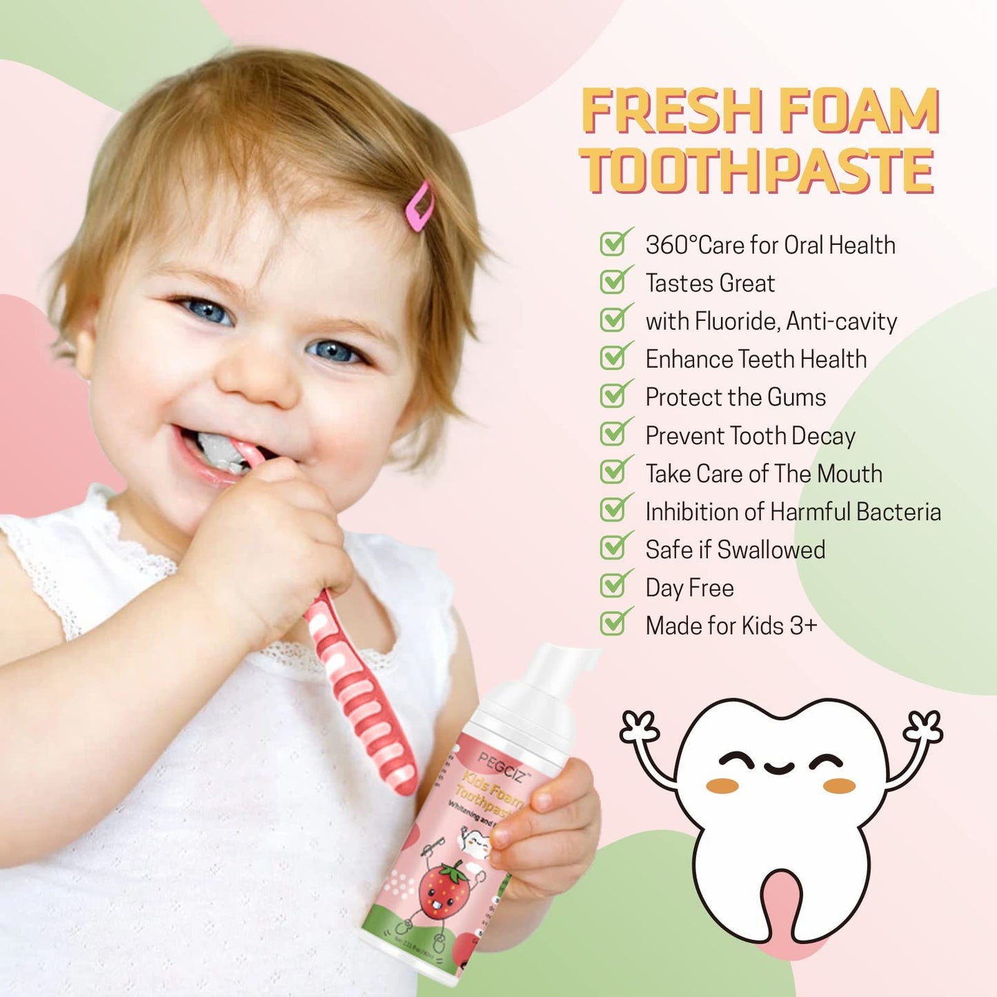 Kids Foam Toothpaste with Fruit Flavor - Anti-Cavity Formula (2x60ml)