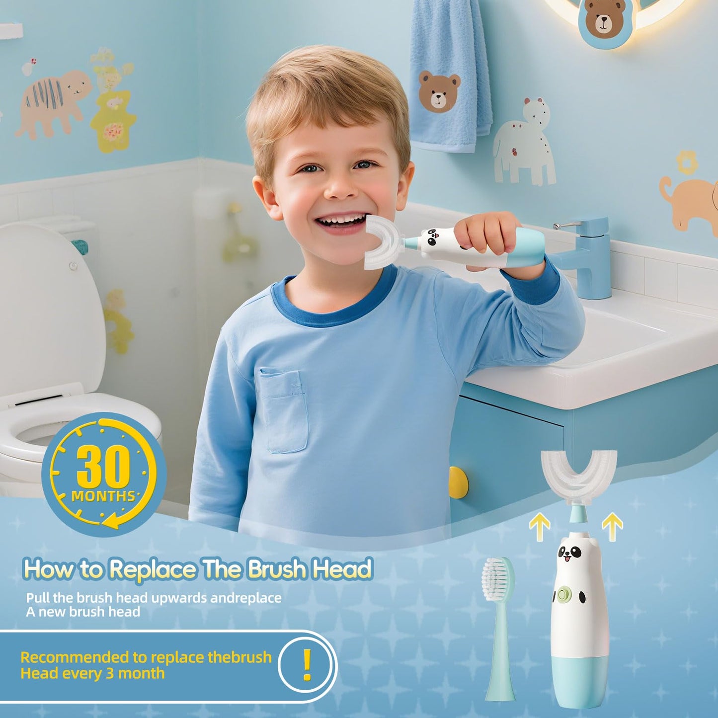 Kids U-Shaped Electric Toothbrush – 2 Heads, 360° Cleaning (Blue) for Ages 8-13