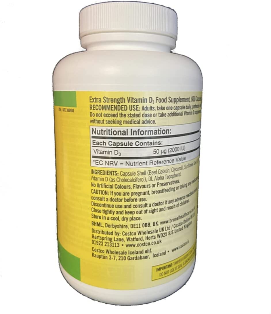 Kirkland Maximum Strength Vitamin D3 600 Softgels (Pack of 2) - 2000 IU