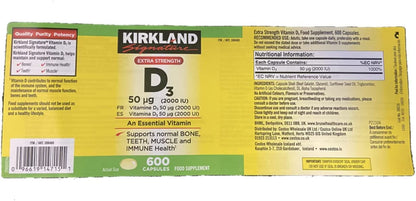 Kirkland Maximum Strength Vitamin D3 600 Softgels (Pack of 2) - 2000 IU