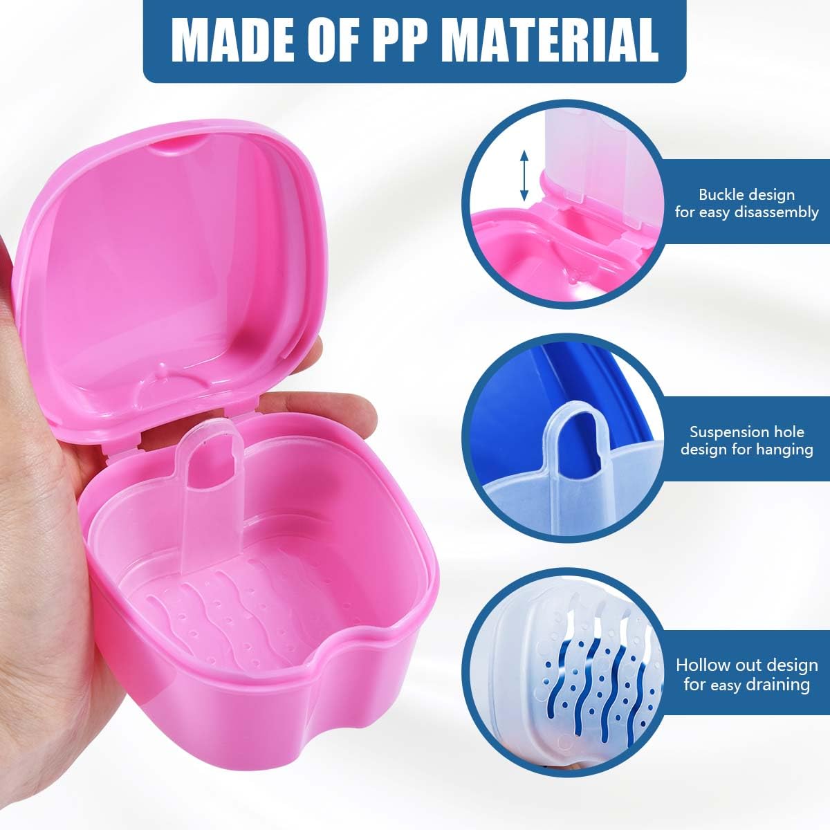 KISEER 2 Pack Denture Bath Case – Blue & Pink Travel Storage with Strainer Basket