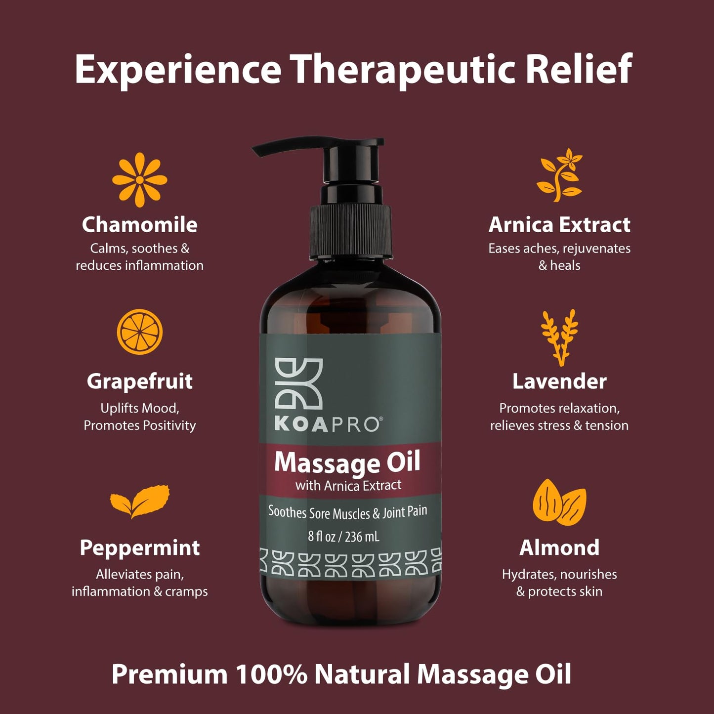 KOAPRO Arnica Massage Oil with Lavender – Pain Relief & Anti-Cellulite (8 oz)