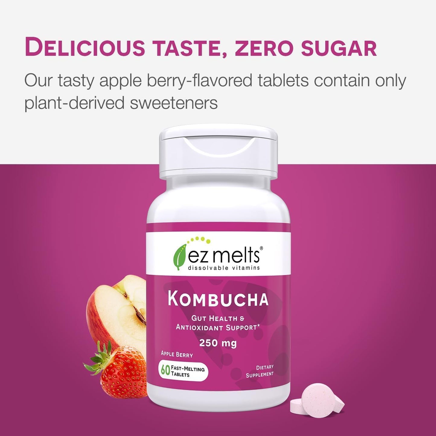 EZ Melts Sugar-Free Kombucha Tablets with SCOBY & Apple Cider Vinegar | Apple Berry Flavor, 2-Month Supply