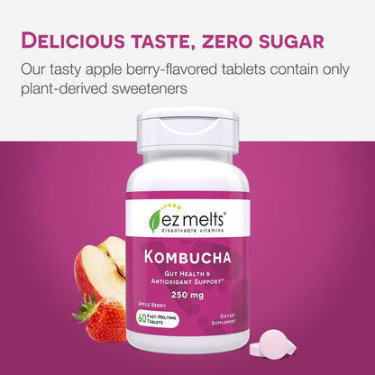 EZ Melts Sugar-Free Kombucha Tablets with SCOBY & Apple Cider Vinegar | Apple Berry Flavor, 2-Month Supply