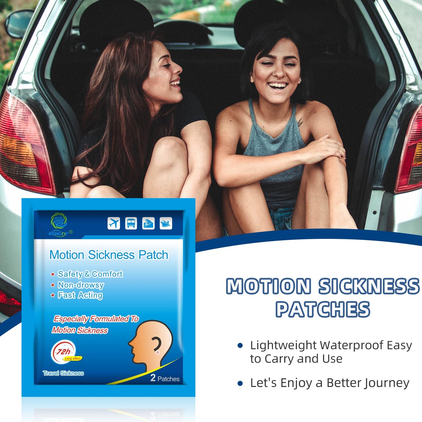 KONGDY Motion Sickness Patches (50 Count) — Waterproof, Non-Drowsy Behind-Ear Travel Patches