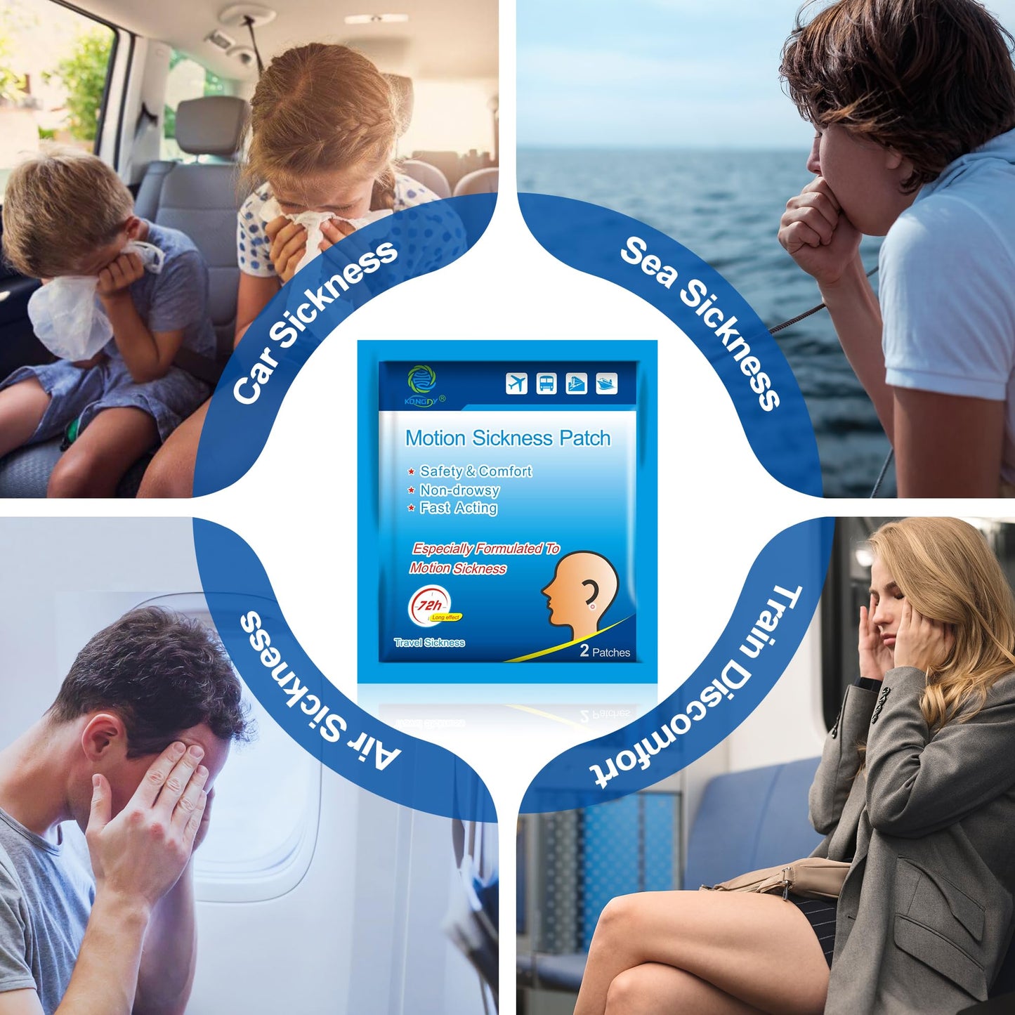 KONGDY Motion Sickness Patches for Kids & Adults — Waterproof, Non-Drowsy, Behind-Ear Sea Sickness (100 Count)