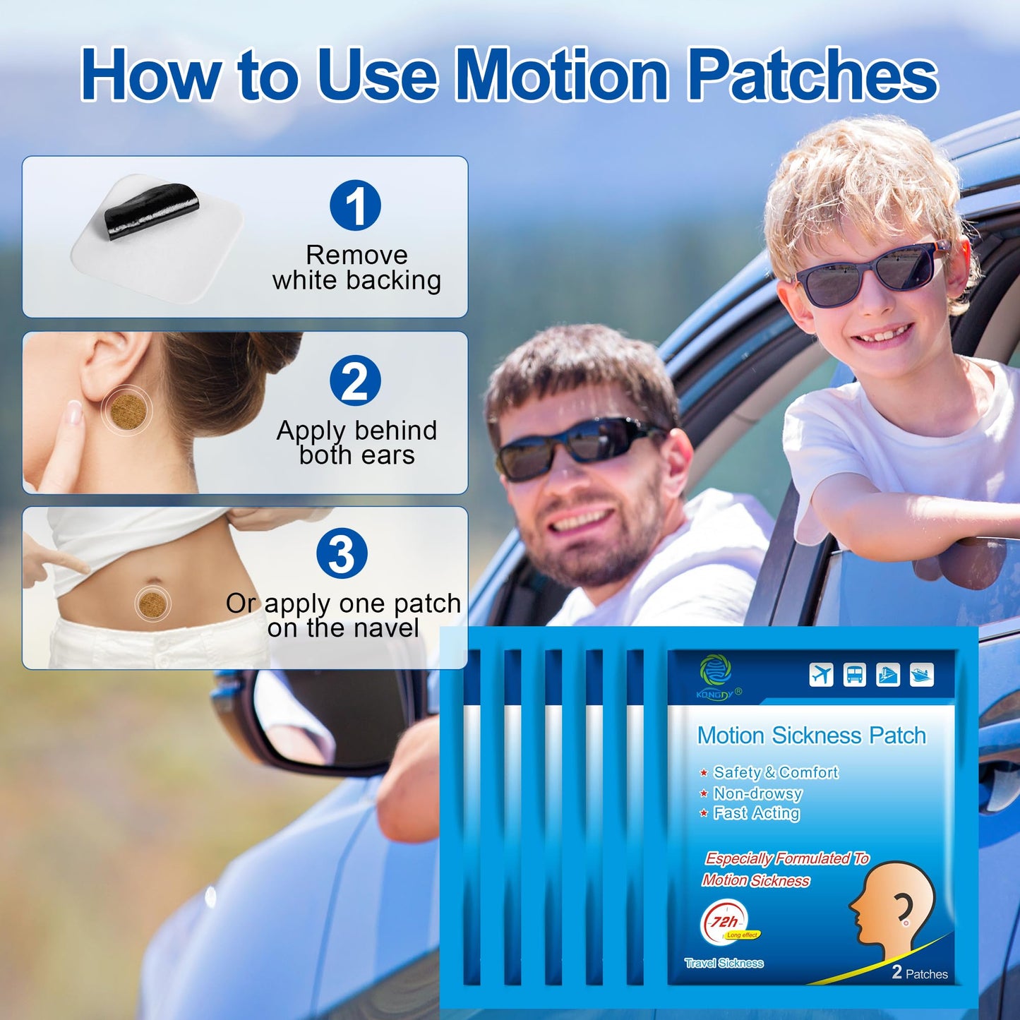KONGDY Motion Sickness Patches (50 Count) — Waterproof, Non-Drowsy Behind-Ear Travel Patches